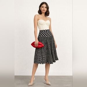 Drop Waist Polka Dot Pleated Midi Skirt XS